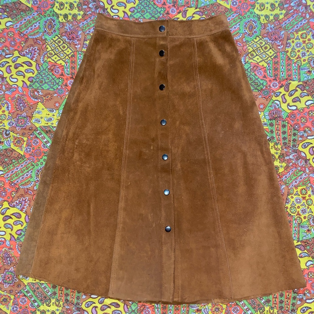 70s Brown Suede Leather Button Down Skirt